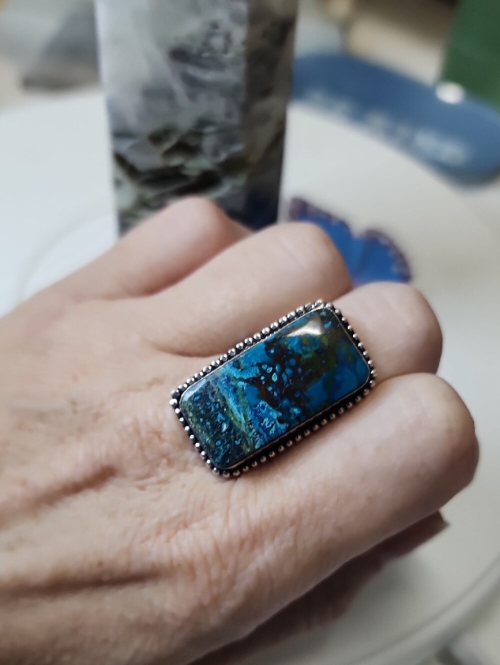 Blue Green Rectangular Statement Ring - Picture 3 of 5